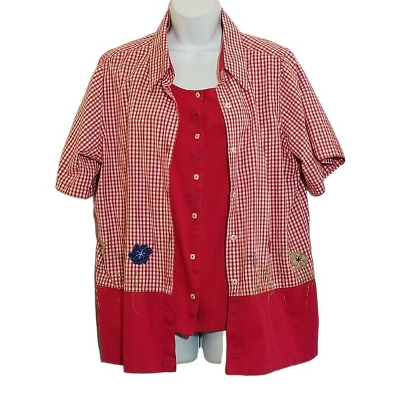 Bobbie Brooks Vintage Faux 2 Piece Red Top Size 14W Embroidered Beads Gingham Tw - Picture 2 of 13